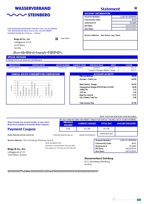 Austria Wasserverband Steinberg water business utility bill template in Word and PDF format